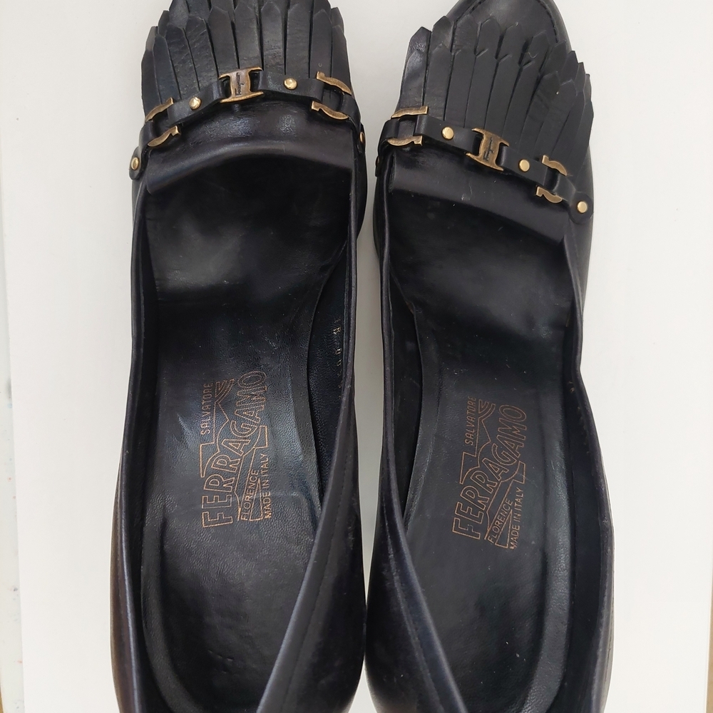 Salvatore Ferragamo Black Heeled Loafers with Gold Accents - Picture 3 of 7